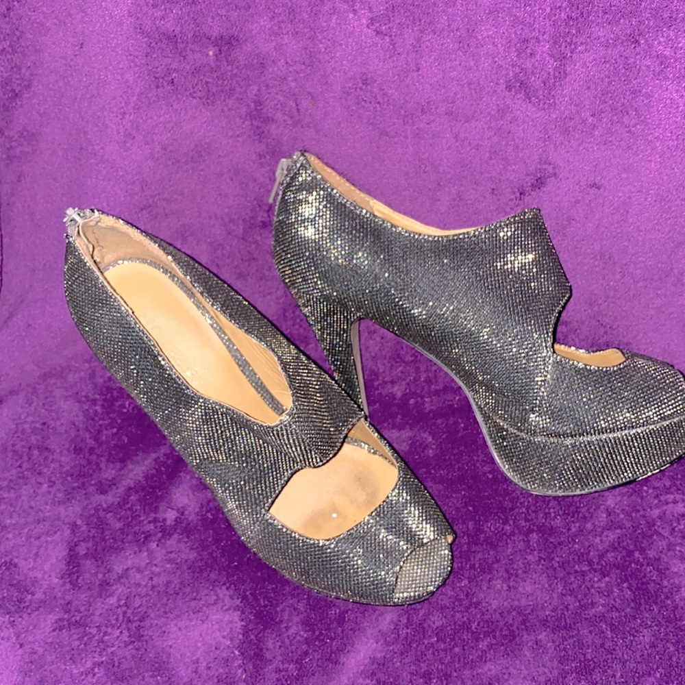 Glitzy open toe pumps